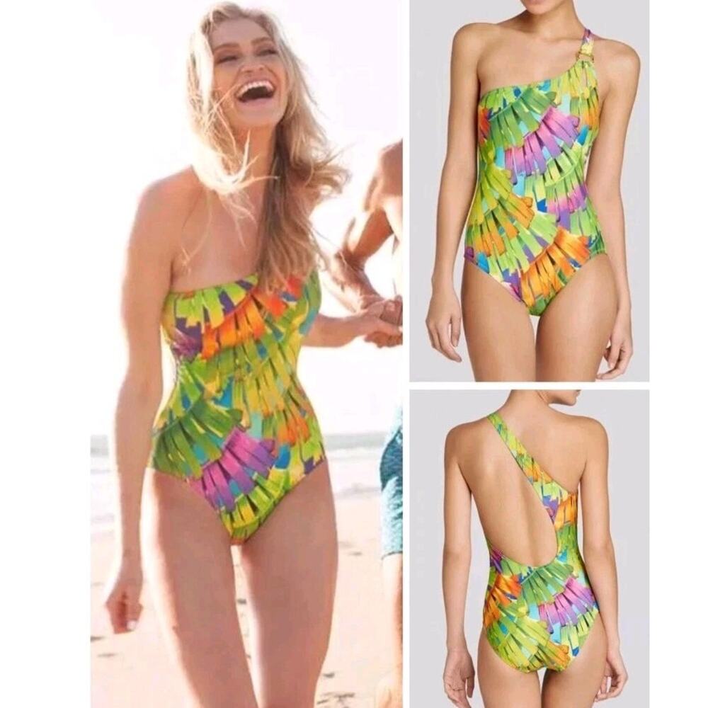 Trina Turk Polynesian Palms One-Piece Swimsuit One-Shoulder Size 6 Pre-Owned
